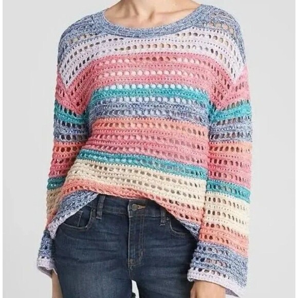GAP Bell Sleeve Crochet Pullover Sweater Colorful Stripes Women's XL - Picture 1 of 7